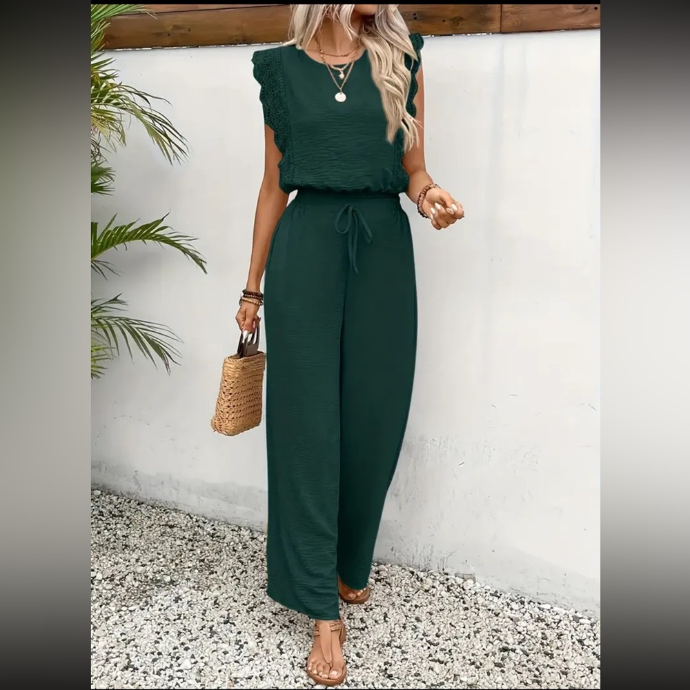 Elegant Dark Green 2 Piece Set Wide Leg High Waist Pants and Top Set New Size - Picture 5 of 5